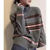 Otoño e Invierno Nuevo Color Bloque Rayas Cuello Alto Tejido Cárdigan Suéter Abrigo Manga Larga Mujer Top Estilo Coreano Ropa de Mujer Venta al por Mayor