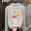 Estilo Otoño e Invierno Moda para Bebés Elegante Camiseta de Forro Polar para Niñas de Tamaño Mediano a Grande Cuello Medio Alto Manga Larga Top Rayado