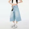 Jeans Azul Claro Americano Lavado Pierna Ancha Mujer Verano Cintura Alta Talla Grande Holgado Gordo mm Recto Shorts Tres Cuartos