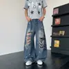 Nuevos Jeans de Pierna Ancha con Diseño de Estampado de Letras Transfronterizo para Primavera/Verano para Hombres y Mujeres, Pantalones Casuales Sueltos Irregulares Rasgados