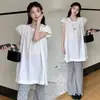 Traje para Mujeres Embarazadas 2024 Verano Nuevo Estilo Coreano de Moda Holgado Cubre Vientre Muñeca Top Adelgazante Lunares Pantalones de Campana