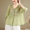 Chegada Nova de Verão Camisa com Bordado Pesado Estilo Étnico Artístico Feminino Solta Emagrecimento Decote V Cardigã Fino Top com Borda Costurada