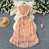 Atmósfera Romántica Europea y Americana Vestido Floral con Mangas Voladoras para Mujer Verano Malla Botones al Frente Diseño con Cinturón Vestido Largo