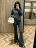 Conjunto de dos piezas de moda coreana simple para mujer, chaqueta sudadera con capucha versátil de moda para otoño e invierno y pantalones acampanados