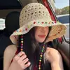 2026 Novo Estilo Estilo Hyuna Chapéu de Palha com Contas de Madeira Coloridas Guarda-Sol Chapéu de Pescador com Aba Larga para Mulheres, Chapéu Dobrável para Proteção Solar na Praia
