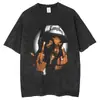 Camiseta Unisex Hip-Hop Lavada Estampado de Retrato Hip-Hop Rap High Street Transfronterizo Manga Corta Oversize Negro Vintage