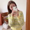 Cárdigan de punto a rayas con cuello en V de mohair para mujer 2026 Otoño Nuevo Corto de Manga Larga Delgado Suéter Abrigo Top