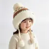 Chapéu de inverno infantil com abas para as orelhas, chapéu de lã tricotado forrado com fleece e espessado para meninas, design fofo com pompom, chapéu à prova de vento e quente para bebês