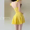 Traje de baño de una pieza para mujer, estilo nuevo, de alta gama, amarillo cremoso, estilo falda, que oculta el abdomen, adelgazante, realza busto pequeño, traje de baño conservador