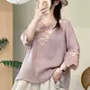 ***Camiseta Bordada Estampado Grande Industria Pesada Nacional Temperamento Sencillo y Elegante Holgada Artística Nuevo Estilo Cuello en V Talla Grande Top Pullover
