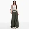 Calça Casual Wide Leg com Barra de Renda Verde para Mulheres 2026 Outono Novo Estilo Calça Reta Solta Pregueada Preguiçosa