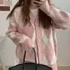 Otoño e Invierno Nuevo Estilo Rombo Dulce Estilo Perezoso Suéter Cardigan Estudiante Femenina Estilo Coreano Holgado Top de Punto Chaqueta Gruesa
