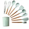 Barril de Armazenamento Verde Água Utensílios de Cozinha de Silicone com Cabo de Madeira Conjunto de 11 Peças Pá Antiaderente Utensílios de Cozinha Conjunto de Cozinha