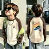 Ropa Interior de Felpa para Niños Cuello Redondo Otoño Invierno Estilo Nuevo Mediana y Grande Ropa Interior Infantil Patchwork Manga Larga Cálida Camiseta Top Cepillado