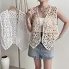 Colete Bordado Estilo Étnico, Cardigã Curto, Peça de Roupa com Decote V, Top de Tricô Bordado Sem Mangas Vazado, Roupa Feminina