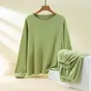 Otoño e Invierno Cuello Redondo Cálido Manga Larga Camiseta Básica Conjunto de Dos Piezas talla extra Casual Ajustado Color Sólido Ropa de Otoño Pantalones de Otoño Traje Interior