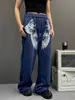 Calça de moletom niche estilo casual americano com estampa de asa e estrela em blocos de cor, calça de moletom azul solta e fluida, calça de dança jazz