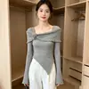 Top de punto con hilo de núcleo, estampado floral irregular, hombros descubiertos, manga larga, nuevo diseño de primavera, top para mujer suave y favorecedor