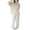 Conjunto de Pijama de Manga Larga, Pantalones Largos y Cárdigan de Color Sólido Estilo Coreano para Mujer, Ropa de Casa Holgada y Casual de Mezcla de Algodón, Nuevo para Primavera y Otoño