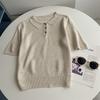 Top Casual Retro de Cuello Polo, Cuello Simple de Solapa, Manga Corta de Punto, Lujo Accesible, Tencel Lino, Elegante Versátil para Principios de Otoño