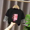 Estilo Novo Primavera e Outono 100% Algodão Camisetas Falsas de Duas Peças com Manga Longa para Meninas Roupas Infantis Desenho Animado Fofo Estampado Cor Contrastante para Mulheres