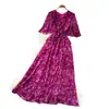 Vestido de verano para mujer con estampado floral azul estilo pastoral francés, manga corta, escote en V, estilo coreano, cintura entallada, vestido largo elegante y grácil