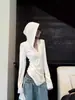 Camiseta Blanca de Lana de Manga Larga para Mujer Otoño Ajustada Cuello Henry Capucha en Hombro Derecho