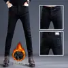 Jeans negros y grises con forro de polar de marca francesa de alta gama para hombre, corte ajustado, pitillo, elásticos, nuevos pantalones casuales de invierno
