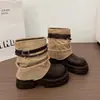 Botas de moda de sola grossa que aumentam a altura para mulheres, nova coleção outono/verão 2026, botas de cowboy estilo western super estilosas com design de tornozelo franzido e empilhado
