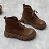 Botines Cortos de Plataforma con Cordones de Cuero Genuino Hechos a Mano Retro Nuevos de Otoño e Invierno 2024 con Punta Redonda Literaria para Mujer