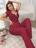 Pijama Transfronteiriça Amazon Europeia e Americana de Manga Curta com Decote em V Estampa Floral Pequena Calça Cenoura com Babado Roupa de Casa Conjunto Mulher