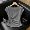 Camiseta Gris de Manga Corta con Abertura Irregular y Lazos para Mujer Verano Nueva Llegada Corta Favorecedora de Figura Bonita A13135