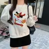 Moletom cinza para mulheres, novo estilo 2026, coleção popular primavera/outono, leve, estilo retrô americano, sem capuz, gola redonda, corte solto, com estampa de desenho animado