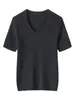 Camiseta de Punto Fina de Lana Nueva para Mujer, Primavera y Otoño, Cuello en U, Manga Corta, Color Sólido, Corte Delgado, Camiseta Básica