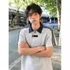 Camisa Polo Listrada Azul Marinho de Verão com Meio Zíper para Homens, Estilo Universitário, Camiseta de Manga Curta Pesada com Toque de Luxo