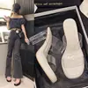 Sandalias Transparentes de Mujer Estilo Nuevo de Una Tira con Punta Abierta y Falda Versátil, Zapatos que Aumentan la Altura para Uso en Exteriores, Pantuflas Antideslizantes para Mujer