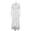 Vestido Elegante e Fashion com Estampa, Manga Curta, para Mulheres, Novo Design 2026, Vestido Longo com Babados, Fenda e Cadarço