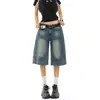 Shorts Jeans Reto Estilo Retrô Americano para Mulheres, Novo Verão 2025 Cintura Baixa Solto de Perna Larga Curto para Baixinhas Comprimento Médio