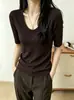 Camiseta de manga media de Lyocell y lana de 260 g para mujer, corte ajustado, top con cuello en U grande, suministro exclusivo al por mayor de verano