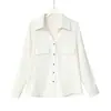Camisa Blanca Versátil de Cuello en V para Mujer con Diseño de Bolsillo Falso, Adecuada para el Viaje al Trabajo y Vestimenta Profesional, Manga Larga, Elegante Top de Primavera