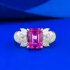 Nuevo Anillo Rectangular de Plata de Ley 925 con Zafiro Rosa de Cultivo 7*9mm con Diseño de Patrón de Rejilla Tallada, Estilo Lujo Ligero, Transmisión en Vivo
