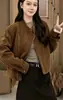 Cuello mao retro, piel sintética flocado, chaqueta corta de cuero para mujer, nuevo estilo de otoño, fresca y elegante, chaqueta con cremallera