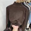 Camiseta Básica de Algodón a Rayas con Volantes y Cuello Alto de Alta Calidad para Mujer, Nueva Camiseta de Manga Larga para Mujer Primavera Ins