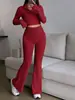 Moda Europeia e Americana Conjunto de Duas Peças Liso com Costelas Zíper Manga Longa Top Curto Conjunto de Calça Longa Roupa Casual Feminina para Casa