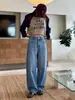 Jian Jie Estilo Desconstrução Outono/Inverno 2026 Novas Calças de Perna Curva Jeans de Sarja Azul Casual Largo Calças Longas Preguiçosas 6207