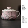 Taza de Cerámica para Té y Café Mariposa Rosa Pintada a Mano con Esmalte Debajo, Taza con Separador de Té y Agua con Tapa, Taza para Preparar Té con Asa, Taza