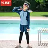 Roupa de Banho Infantil Meninos Conjunto de Duas Peças Manga Longa Calça Longa Verão Novo Estilo para Meninos Mais Velhos Proteção Solar Conjunto de Roupa de Banho