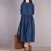 Vestido Jeans Novo Estilo Outono 2026 Manga Longa Solto Gola Camisa Patchwork Desgastado Pregueado Flare