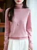 Suéter de Lã Puro Feminino para Outono e Inverno com Agulha Cinco Fios e Gola de Pelo, Tricô Básico Solto com Mangas Longas Versáteis