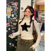 Camiseta Retrô Americana de Bolinhas e Estrelas com Gola Alta e Manga Longa para Mulheres, Nova Camisa Básica Slim-Fit de Outono e Inverno, Top de Pelúcia